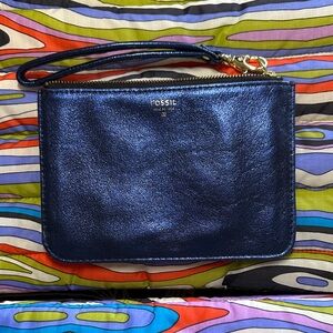 Fossil Metallic Midnight Blue Zippered Wrist Wallet Lined with Credit Card Slots
